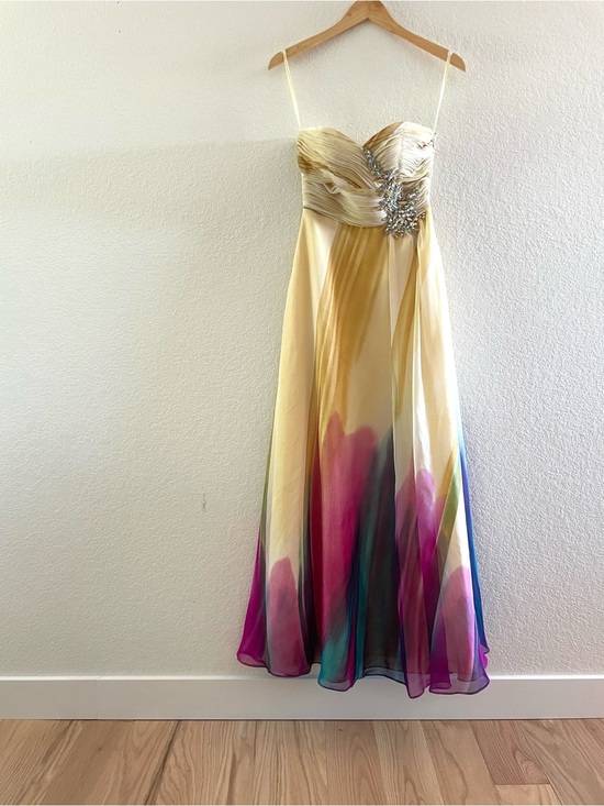 E. Dresses Dresses & Skirts - Strapless Beaded Ombre Watercolor Formal Evening Dress - Yellow Multicolor Sz 6